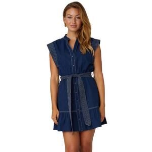 JS71 Everly Navy Blue A-Line Button Front Belted Shirt Dress Size XS
